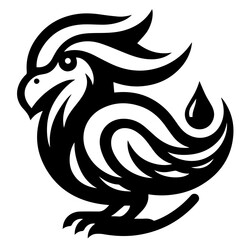 Stylized black bird with droplet design featuring curved lines and sharp details on a white background