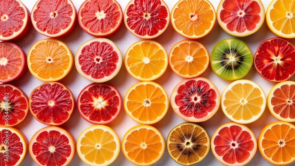 Poster colorful array of sliced citrus fruits, offering a vibrant and refreshing display