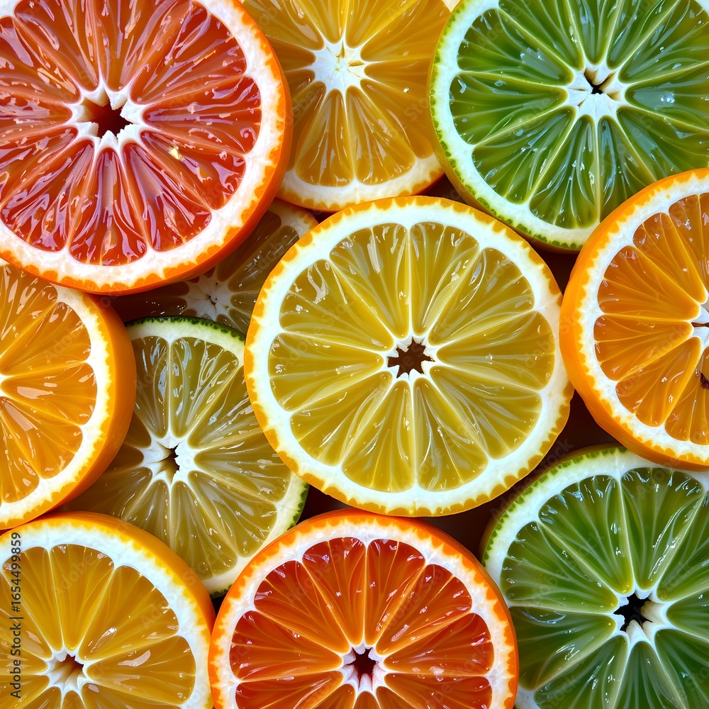 Poster fresh citrus fruits in vibrant colors cut in slices, creating a colorful and inviting composition. t