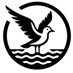 Illustration of a stylized seagull in flight above water within a circular border design element image