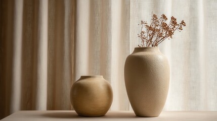 Elegant ceramic vases with dried flowers on wooden table with soft fabric background in minimalist home decor setting