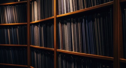 Shelves of fabric rolls, various shades of dark cloth