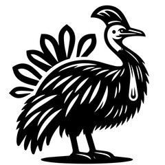 Illustration of a cassowary bird in black and white with distinctive plumage and a prominent casque feature