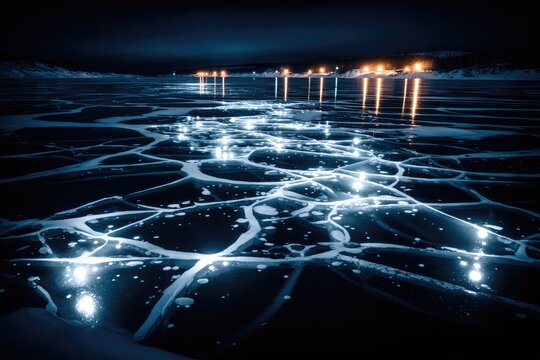 Frozen lake at night, intricate ice patterns illuminated by light sources - Powered by Adobe