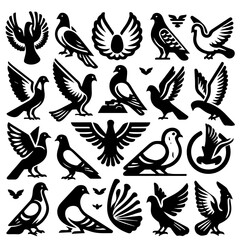 Collection of stylized black and white pigeon illustrations in various poses and wing positions seen from different angles