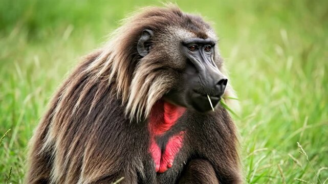 Gelada Monkey Portrait with Grass in its Mouth, Peaceful Gelada Monkey Grazing in Green Meadow