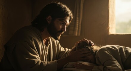 Obraz premium A caring man with a beard and robe places his hand on the head of a girl lying down. Biblical scene depicting healing and compassion, for religious contexts.