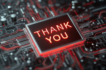 Close-up of circuit board with "THANK YOU" in glowing red