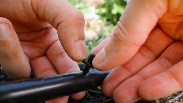 Hands insert a drip irrigation adapter into a plastic pipe, close-up. Installation of irrigation for flowers