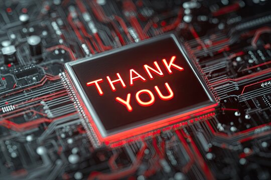 Close-up of circuit board with "THANK YOU" in glowing red