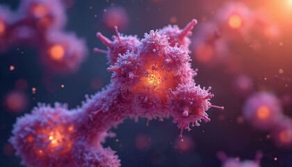 Microscopic visualization of protein molecules in vibrant purple, orange hues. Detailed 3D scientific rendering shows intricate molecular structure. Image perfect for research, biology, medical