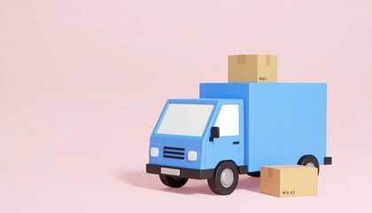A light blue delivery truck, styled in a cartoonish manner, is shown against a soft pink background, holding several cardboard boxes.