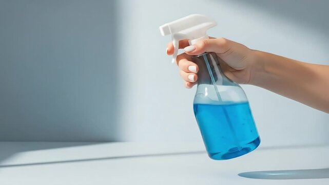 Hand holding a spray bottle filled with blue liquid against a softly lit background, symbolizing cleaning
