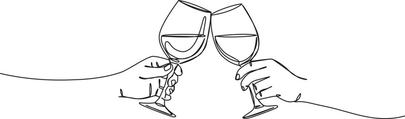 continuous single line drawing of two hands holding and clinking wine glasses, symbolizing a toast to celebrate, line art vector illustration