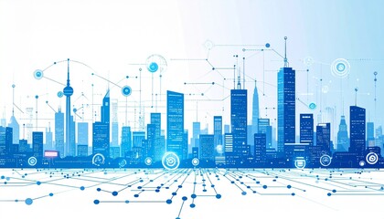 Fototapeta premium Modern city skyline glows with interconnected digital network representing global communication and technological advancement in a futuristic and vibrant scene.