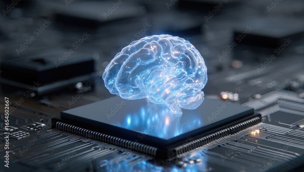Poster 3d model of a translucent brain atop a circuit board