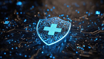 A glowing shield, shaped like a plus sign, sits atop a complex circuit board.  A network of glowing blue nodes and lines create an intricate, technological backdrop