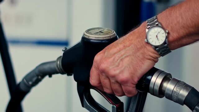 Close-up of a person's hand filling a vehicle with fuel at a gas station.  A wristwatch is visible on the person's arm