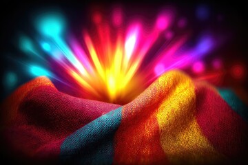Vibrant, colorful fabric draped, illuminated by exploding lights