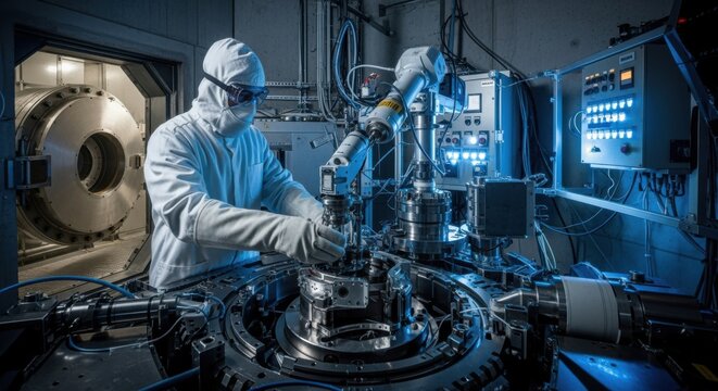 Gloved technician handling cyclotron target components in a radiationprotected vault dedicated to medical PET isotope synthesis.
