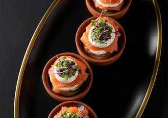 Photo of elegant appetizers featuring smoked salmon, cream cheese, and microgreens, served in small bowls on a dark platter with a golden rim, ideal for sophisticated events