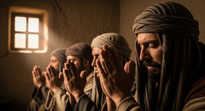 A man with other men, early christians, praying with clasped hands indoors, evangelism, faith and religion concept.