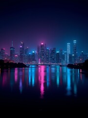 Fototapeta premium Vibrant cityscape at night, reflected in calm water. Neon lights illuminate modern skyscrapers, creating a stunning, futuristic scene.