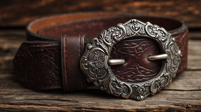 Brown leather belt with ornate silver buckle