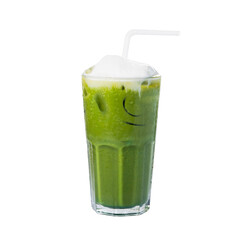 Iced of milk matcha green tea in transparent glass isolated white background.