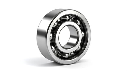 A metallic ball bearing, circular in shape, is presented against a white background.