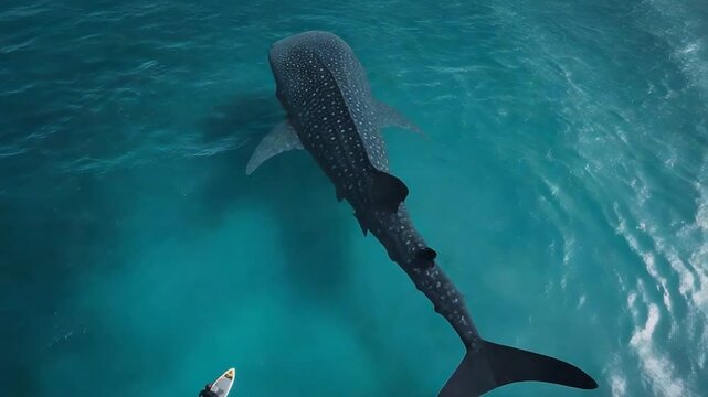 Surfer encounters majestic whale shark in clear blue waters at dawn