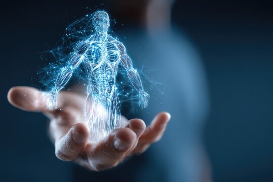 A hand holds a digital human anatomy model