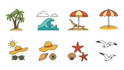 Sea beach summer vacation icon collection, travel icons set, set of summer icons