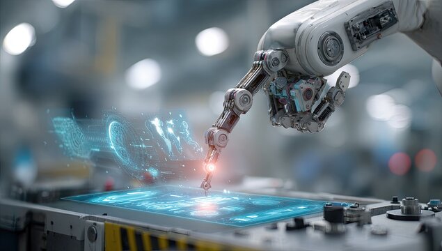 Advanced robotic arm interacts with holographic data on a touch screen in a modern factory