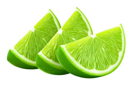 Three lime wedges arranged closely together isolated on white or transparent png