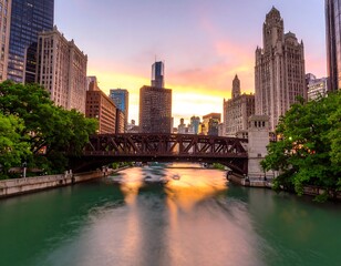 Chicago river at sunset with architectural buildings and an iron bridge reflecting light