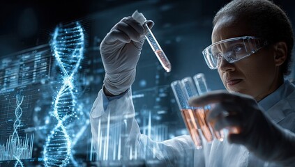 A female scientist in a lab coat, wearing safety glasses and gloves, carefully transfers liquid from a test tube into another.  DNA helix graphic overlays the lab setting