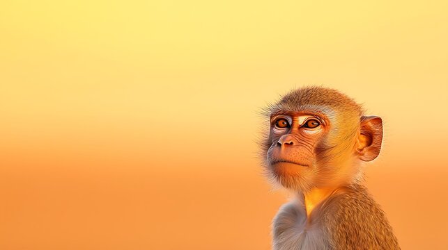 Young baboon gazes upward against a warm orange background