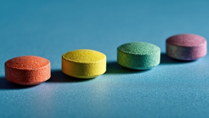 Four colorful tablets arranged in a row on a bright blue background