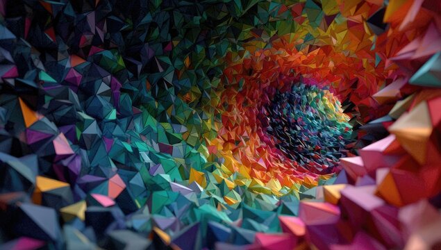 Abstract Tunnel Triangle Polygon Shapes Ascend into Color Vortex.