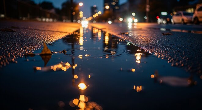 Rainy Night in the City with a Puddle Reflecting Street Lights and Bokeh