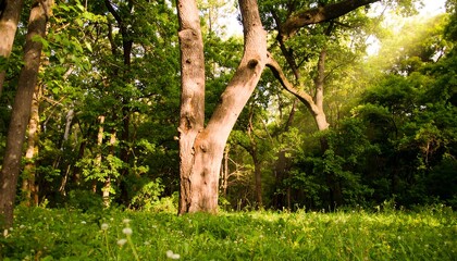 Obraz premium Lush, sun-drenched woodland scene with a prominent, gnarled tree trunk, bathed in golden sunlight filtering through the canopy.