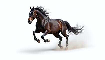Fototapeta premium Action shot of a strong stallion galloping toward the camera, isolated on a white background with dust effects