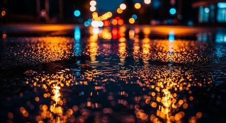 Puddle on a Rainy Street at Night Reflecting a Vibrant Glow of City Lights