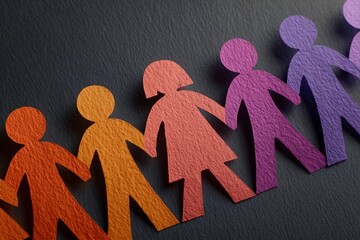 Colorful paper cutouts of diverse people holding hands together in unity