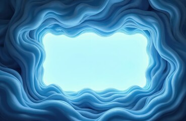 Abstract flowing blue icy waves form frame around bright, empty space. Surreal digital illustration features dynamic, cool motion, resembling liquid energy ethereal smoke with textured, wrinkled