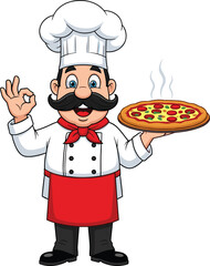 Cartoon chef holding steaming pizza, white uniform with red apron and neckerchief, OK gesture mascot for pizzeria, Italian food branding