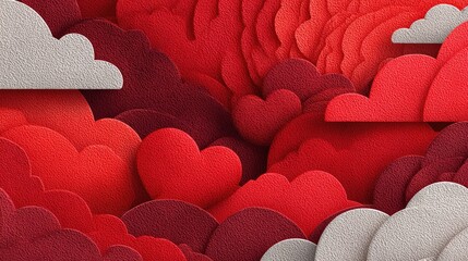 Red and gray paper cut hearts and clouds
