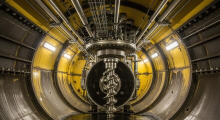 Obraz premium Industrial lighting illuminating the inner chamber of a highdensity ballistic propellant mixing bunker with corrosionresistant coatings.