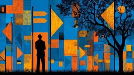 Colorful urban mural with vibrant flags and silhouette figure admiring the artwork